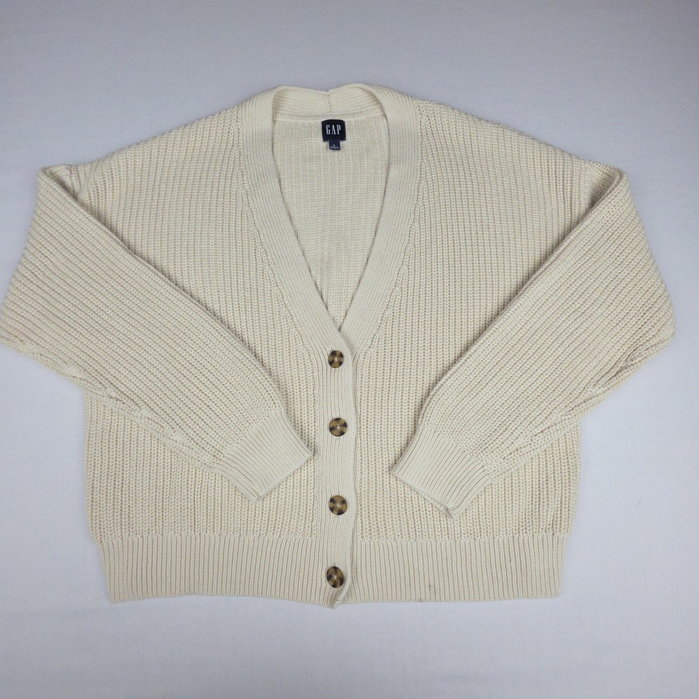 Gap Shaker Stitch V-Neck Cardigan Sweater Womens Large Cream Chunky Knit Cotton